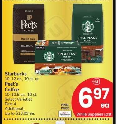 Starbucks 10-12 oz., 10 ct. or Peet's Coffee 10-10.5 oz., 10 ct. - Select Varieties