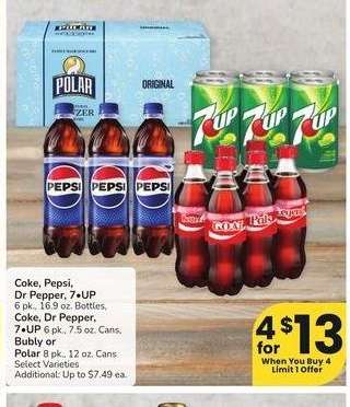 Coke, Pepsi, Dr Pepper, 7 UP 6 pk., 16.9 oz. Bottles, Coke, Dr Pepper, 7 UP 6 pk., 7.5 oz. Cans, Bubly or Polar 8 pk., 12 oz. Cans - Select Varieties