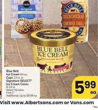 Blue Bell Ice Cream 64 oz., Cups 12 ct. or Signature SELECT® Ice Cream Cones 8-10 ct. - Select Varieties