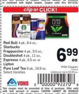 Red Bull, 4 pk., 8.4 oz., Starbucks Frappuccino, 4 pk., 9.5 oz., Doubleshot, 4 pk., 11 oz., Espresso, 4 pk., 6.5 oz. or Lipton Pure Leaf Tea, 6 pk., 16.9 oz. - Select Varieties