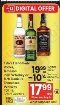 Tito's Handmade Vodka, Jameson Irish Whiskey or Jack Daniel's Tennessee Whiskey - 750 ml. Select Varieties