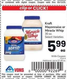 Kraft Mayonnaise or Miracle Whip - 30 oz. Select Varieties