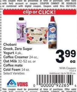 Chobani Greek, Zero Sugar Yogurt 4 pk., Coffee Creamer 24 oz., Oat Milk 32-52 oz. or Coffee mate Cold Foam 14 oz. - Select Varieties