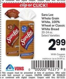 Sara Lee Whole Grain White, 100% Wheat or Classic White Bread - 20-24 oz. Select Varieties