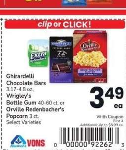 Ghirardelli Chocolate Bars 3.17-4.8 oz., Wrigley's Bottle Gum 40-60 ct. or Orville Redenbacher's Popcorn 3 ct. - Select Varieties
Additional: Up to $5.99 ea.
