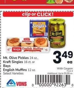 Mt. Olive Pickles 24 oz., Kraft Singles 16 ct. or Bays English Muffins 12 oz. - Select Varieties