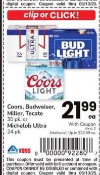 Coors, Budweiser, Miller, Tecate 30 pk. or Michelob Ultra 24 pk.