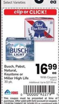 Busch, Pabst, Natural, Keystone or Miller High Life - 30 pk.