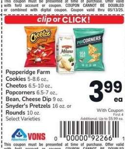 Pepperidge Farm Cookies 5-8.6 oz., Cheetos 6.5-10 oz., Popcorners 6.5-7 oz., Bean, Cheese Dip 9 oz. Snyder's Pretzels 16 oz. or Rounds 10 oz. - Select Varieties