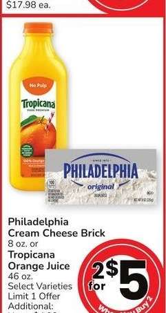 Philadelphia Cream Cheese Brick 8 oz. or Tropicana Orange Juice 46 oz. - Select Varieties