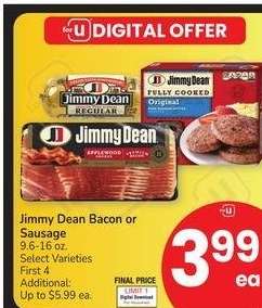 Jimmy Dean Bacon or Sausage - 9.6-16 oz. Select Varieties