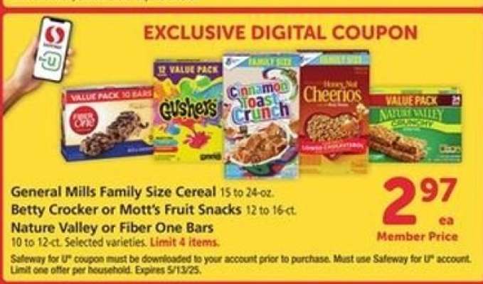 General Mills Family Size Cereal, Betty Crocker or Mott's Fruit Snacks, Nature Valley or Fiber One Bars