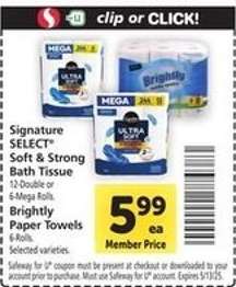 Signature SELECT Soft & Strong Bath Tissue or Brightly Paper Towels
