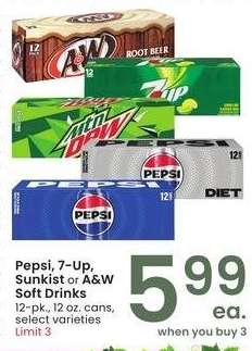 Pepsi, 7-Up, Sunkist or A & W Soft Drinks - 12 - pk., 12 oz. cans, select varieties