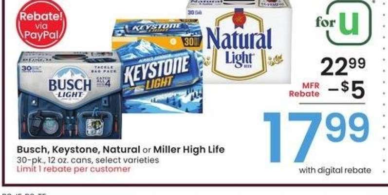 Busch, Keystone, Natural or Miller High Life - 30 - pk., 12 oz. cans, select varieties