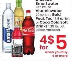 Glaceau Smartwater 1 ltr. btl. or Vitaminwater 20 oz. btl., Gold Peak Tea 18.5 oz. btl. or Coca Cola Soft Drinks 1.25 ltr. btl. - select varieties