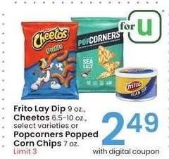 Frito Lay Dip 9 oz., Cheetos 6.5-10 oz., select varieties or Popcorners Popped Corn Chips 7 oz.