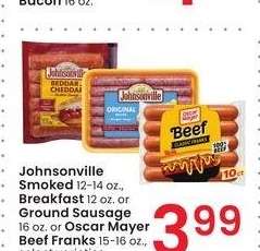 Johnsonville Smoked 12-14 oz., Breakfast 12 oz. or Ground Sausage 16 oz. or Oscar Mayer Beef Franks 15-16 oz. - select varieties