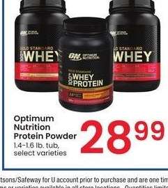 Optimum Nutrition Protein Powder - 1.4-1.6 lb. tub, select varieties