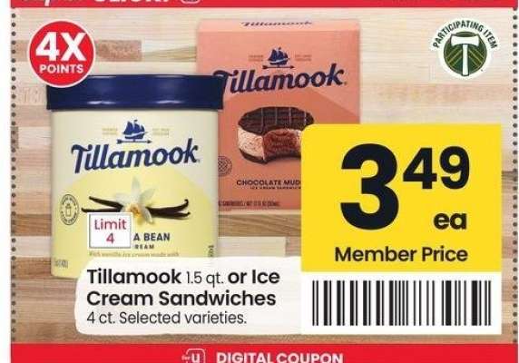 Tillamook 1.5 qt. or Ice Cream Sandwiches 4 ct. - Selected varieties.