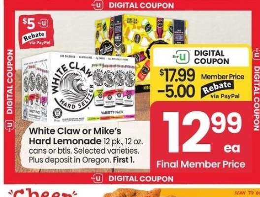 White Claw or Mike's Hard Lemonade - 12 pk., 12 oz. cans or btls. Selected varieties.