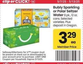 Bubly Sparkling or Polar Seltzer Water - 8 pk., 12 oz. cans. Selected varieties.