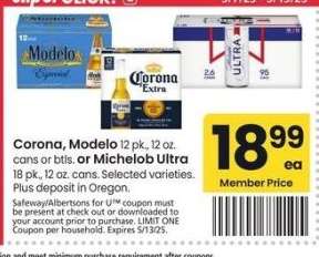 Corona, Modelo 12 pk., 12 oz. cans or btls. or Michelob Ultra 18 pk., 12 oz. cans. - Selected varieties.