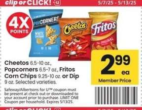 Cheetos 6.5-10 oz., Popcorners 6.5-7 oz., Fritos Corn Chips 9.25-10 oz. or Dip 9 oz. - Selected varieties.