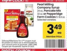 Pearl Milling Company Syrup 24 oz., Pancake Mix 32 oz. or Pepperidge Farm Cookies 5-8.6 oz. - Selected varieties.