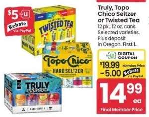 Truly, Topo Chico Seltzer or Twisted Tea - 12 pk., 12 oz. cans. Selected varieties.