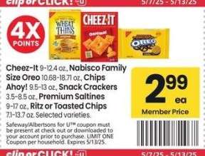 Cheez-It 9-12.4 oz., Nabisco Family Size Oreo 10.68-18.71 oz., Chips Ahoy! 9.5-13 oz., Snack Crackers 3.5-8.5 oz., Premium Saltines 9-17 oz., Ritz or Toasted Chips 7.1-13.7 oz. - Selected varieties.