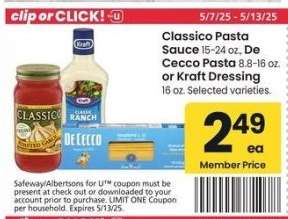 Classico Pasta Sauce 15-24 oz., De Cecco Pasta 8.8-16 oz. or Kraft Dressing 16 oz. - Selected varieties.