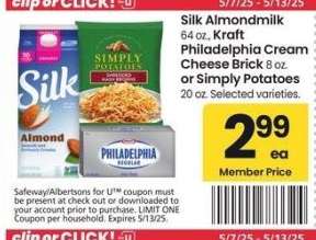 Silk Almondmilk 64 oz., Kraft Philadelphia Cream Cheese Brick 8 oz. or Simply Potatoes 20 oz. - Selected varieties.