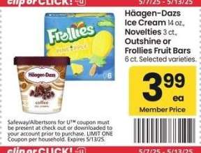 Häagen-Dazs Ice Cream 14 oz., Novelties 3 ct., Outshine or Frollies Fruit Bars 6 ct. - Selected varieties.