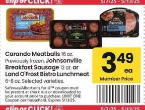 Carando Meatballs 16 oz. Previously frozen, Johnsonville Breakfast Sausage 12 oz. or Land O'Frost Bistro Lunchmeat 6-8 oz. - Selected varieties.
