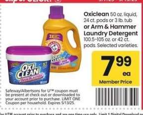 Oxiclean 50 oz. liquid, 24 ct. pods or 3 lb. tub or Arm & Hammer Laundry Detergent 100.5-105 oz. or 42 ct. pods. - Selected varieties.