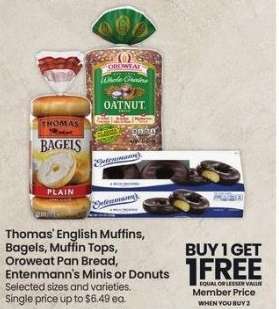 Thomas' English Muffins, Bagels, Muffin Tops, Oroweat Pan Bread, Entenmann's Minis or Donuts - Selected sizes and varieties.