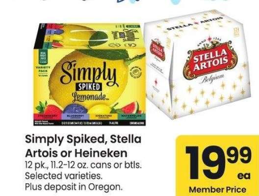 Simply Spiked, Stella Artois or Heineken - 12 pk., 11.2-12 oz. cans or btls. Selected varieties.