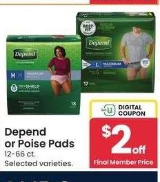 Depend or Poise Pads - 12-66 ct. Selected varieties.
