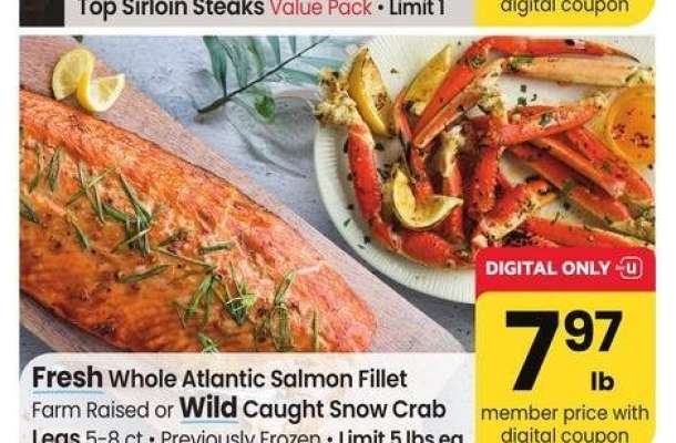 Fresh Whole Atlantic Salmon Fillet Farm Raised or Wild Caught Snow Crab Legs 5-8 ct - Previously Frozen