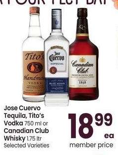 Jose Cuervo Tequila, Tito's Vodka 750 ml or Canadian Club Whisky 1.75 ltr - Selected Varieties