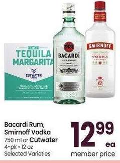 Bacardi Rum, Smirnoff Vodka 750 ml or Cutwater 4-pk • 12 oz - Selected Varieties