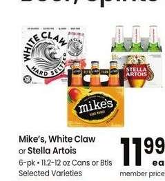 Mike's, White Claw or Stella Artois - 6 - pk • 11.2-12 oz Cans or Btls Selected Varieties