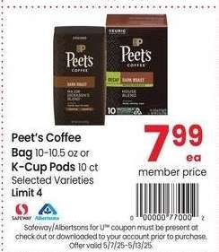 Peet's Coffee Bag 10-10.5 oz or K-Cup Pods 10 ct - Selected Varieties