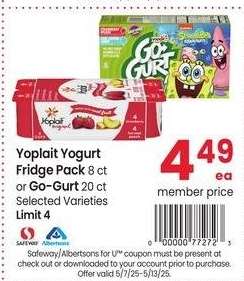 Yoplait Yogurt Fridge Pack 8 ct or Go-Gurt 20 ct - Selected Varieties