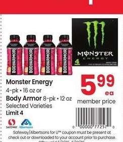 Monster Energy 4-pk 16 oz or Body Armor 8-pk 12 oz - Selected Varieties