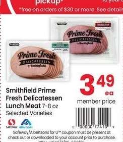 Smithfield Prime Fresh Delicatessen Lunch Meat - 7-8 oz Selected Varieties