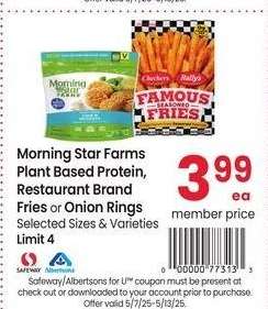 Morning Star Farms Plant Based Protein, Restaurant Brand Fries or Onion Rings - Selected Sizes & Varieties