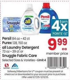 Persil 84 oz • 42 ct Purex 128, 150 oz all Laundry Detergent 73 oz • 39 ct or Snuggle Fabric Care - Selected Sizes & Varieties