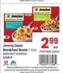 Jimmy Dean Breakfast Bowls - 7-9 oz Selected Varieties
